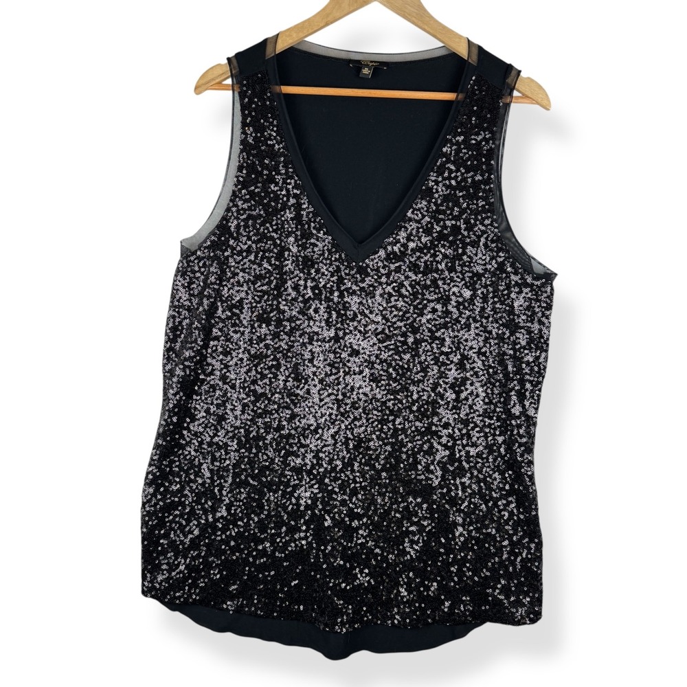 Cupio Sequin Tank‎ Top Womens Size XL Black Glam Party Disco Cocktail Shimmer